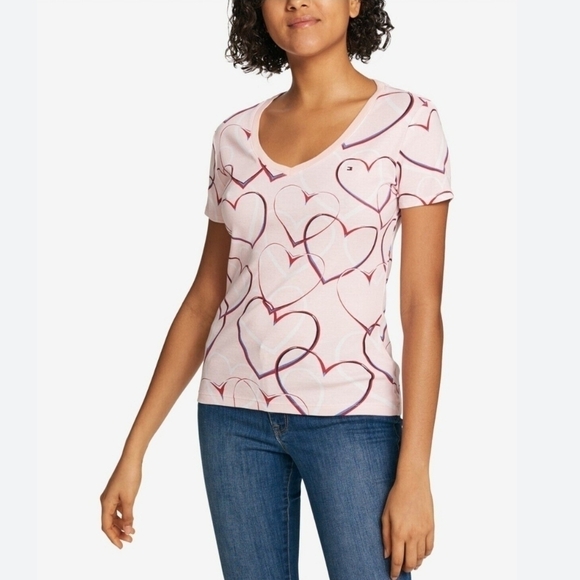 Tommy Hillfiger Heart Print V Neck Top - Picture 1 of 5